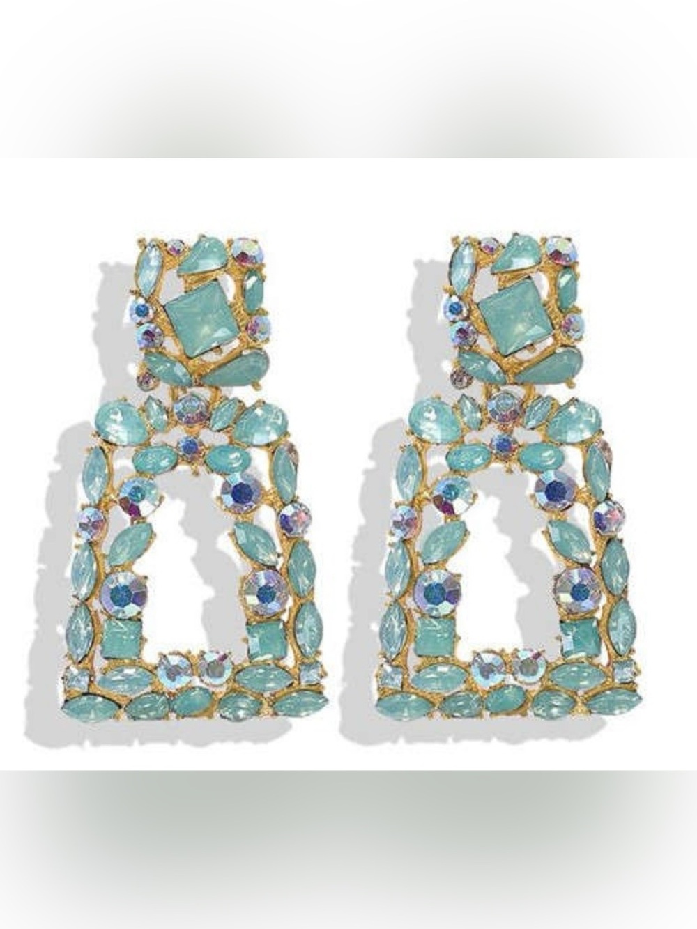 JARDIN Mosaic Crystal Geometric Drop Earrings Green /blue Gold Statement NWOT